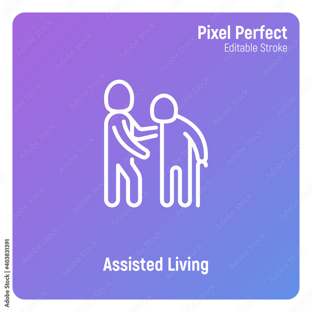 Caregiver with elderly person. Thin line icon. Assisted living in nurse house. Geriatric medicine. Pixel perfect, editable stroke. Vector illustration. Caregiver with elderly person. Thin line icon. Assisted living in nurse house. Geriatric medicine. Pixel perfect, editable stroke. Vector illustration.