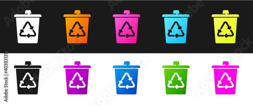 Set Recycle bin with recycle symbol icon isolated on black and white background. Trash can icon. Garbage bin sign. Recycle basket sign. Vector.