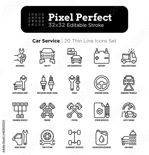 Car service thin line icons set: mechanic, car pit, computer diagnostics, road assistance, battery, body repair, tire fitting, replacing spark plugs. Pixel perfect, editable stroke Vector illustration