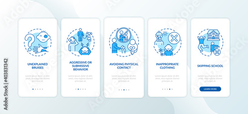 Signs of child abuse and neglect blue onboarding mobile app page screen with concepts. Kids harassment walkthrough 5 steps graphic instructions. UI vector template with RGB color illustrations