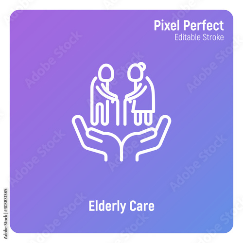 Elderly people care. Nursing home thin line icon. Geriatric medicine. Pixel perfect, editable stroke. Vector illustration.