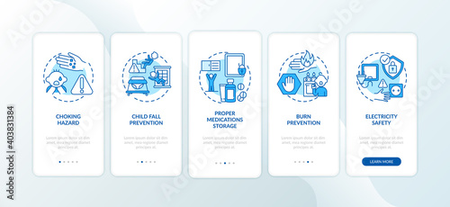 Baby safety blue onboarding mobile app page screen with concepts. Kid protection. Child injury precaution walkthrough 5 steps graphic instructions. UI vector template with RGB color illustrations