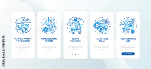 Kid safety blue onboarding mobile app page screen with concepts. Self-defense skills. Children protection walkthrough 5 steps graphic instructions. UI vector template with RGB color illustrations