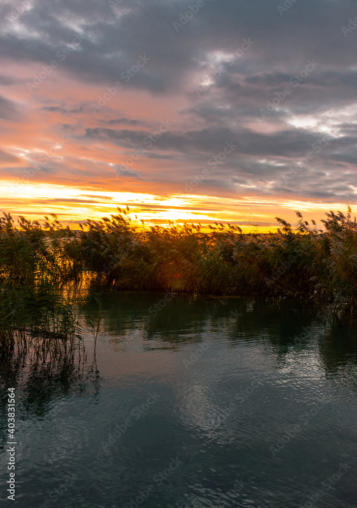 Sunset above the reeds at lake Balaton.