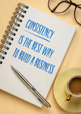 consistency is the best way to build a business - motivational quote in a spiral sketchbook with a cup of coffee, business building concept