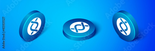 Isometric DNA symbol icon isolated on blue background. Genetic engineering, genetics testing, cloning, paternity testing. Blue circle button. Vector.