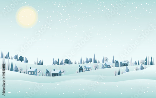 Winter sunny day landscape with village houses covered snow, and a pine forest, bushes and trees on horizon. Can use for website, as banner, gift paper, greeting card, print, for design.