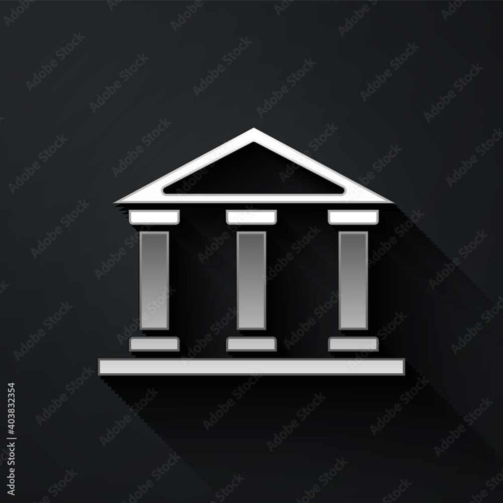 Silver Courthouse building icon isolated on black background. Building bank or museum. Long shadow style. Vector. Silver Courthouse building icon isolated on black background. Building bank or museum. Long shadow style. Vector.