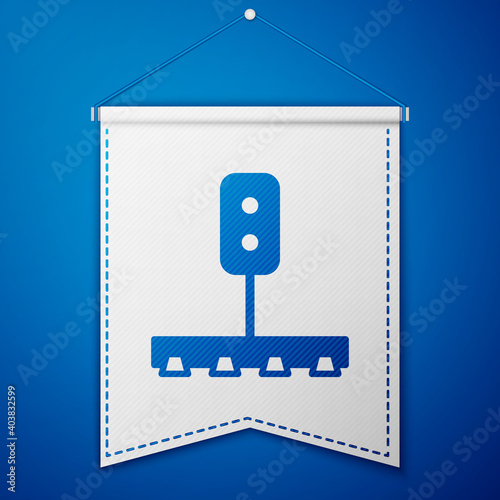 Blue Train traffic light icon isolated on blue background. Traffic lights for the railway to regulate the movement of trains. White pennant template. Vector.