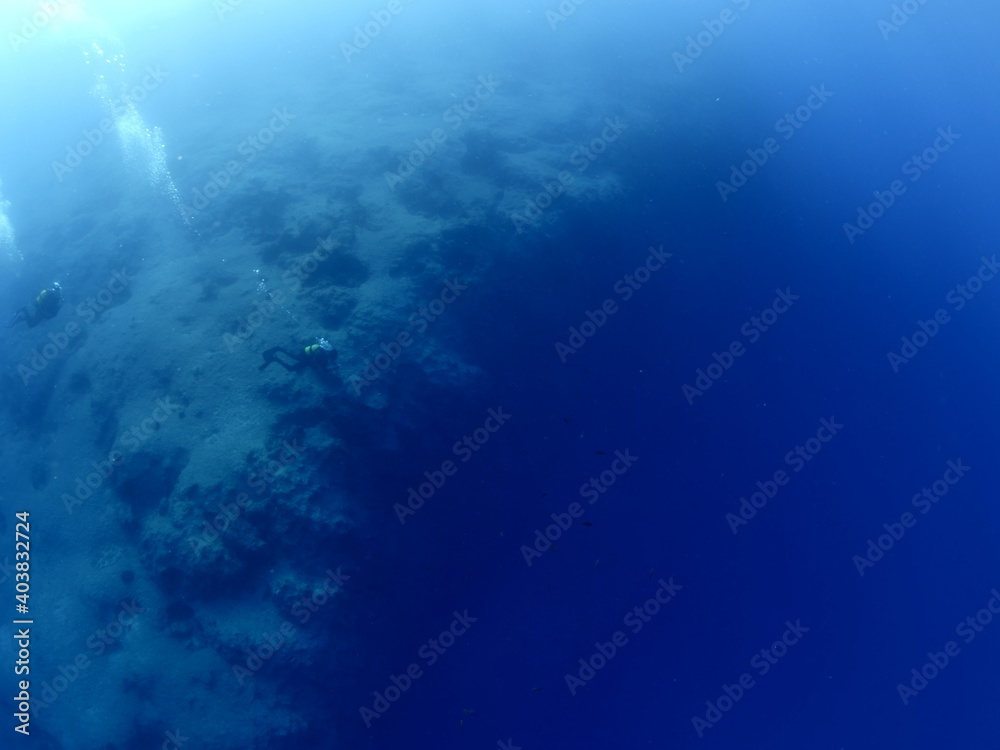 Obraz premium scuba divers exploring the reefs and rocks ocean scenery topography underwater landscape