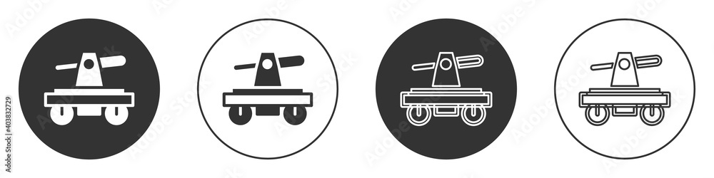 Black Draisine handcar railway bicycle transport icon isolated on white background. Circle button. Vector. Black Draisine handcar railway bicycle transport icon isolated on white background. Circle button. Vector.