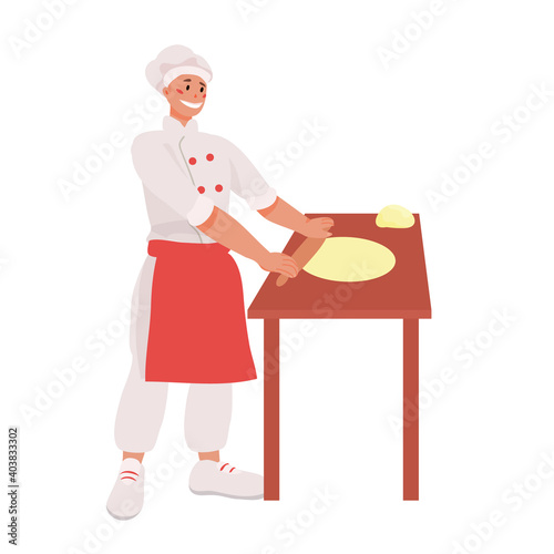 Pizzaiolo rolls out pizza dough with a rolling pin on the table. work as a cook. pizzeria. Cooking pizza vector illustration. concept of cafes and restaurants