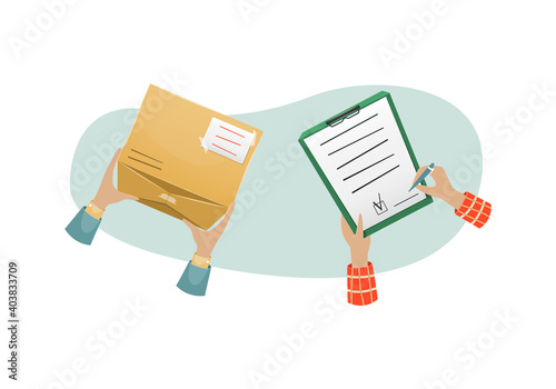 Delivery of the parcel by the postman to the recipient at home. Mail delivery.