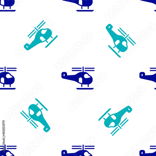 Blue Helicopter aircraft vehicle icon isolated seamless pattern on white background. Vector.