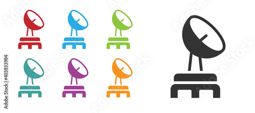 Black Radar icon isolated on white background. Search system. Satellite sign. Set icons colorful. Vector.