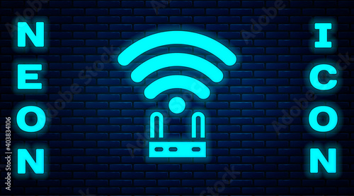 Glowing neon Router and wi-fi signal icon isolated on brick wall background. Wireless ethernet modem router. Computer technology internet. Vector.