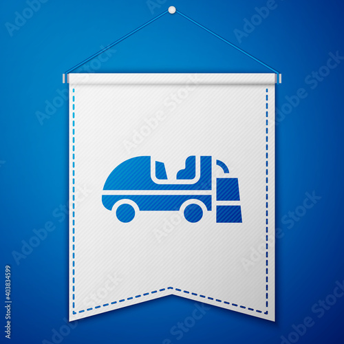 Blue Ice resurfacer icon isolated on blue background. Ice resurfacing machine on rink. Cleaner for ice rink and stadium. White pennant template. Vector.