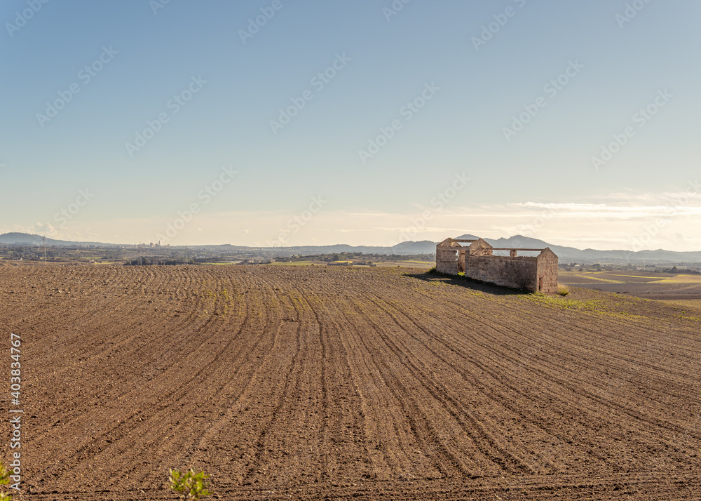 Rural house in state of abandonment in the middle of a brown plowed field