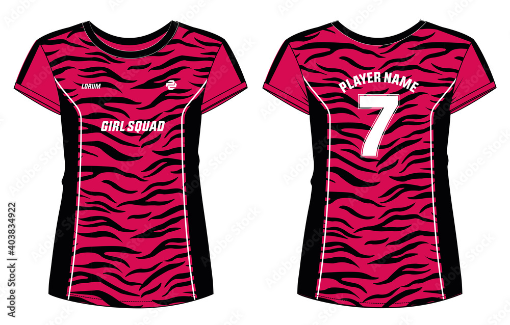 Tiger Print Women Sports t-shirt Jersey design concept Illustration Vector  suitable for girls and Ladies for badminton, Soccer, netball, Football,  tennis, Volleyball jersey.Animal Pattern Stock Vector