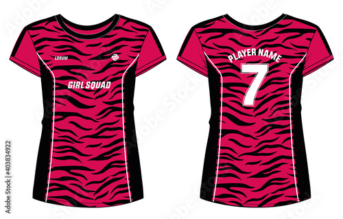 Tiger Print Women Sports t-shirt Jersey design concept Illustration Vector suitable for girls and Ladies for badminton, Soccer, netball, Football, tennis, Volleyball jersey.Animal Pattern