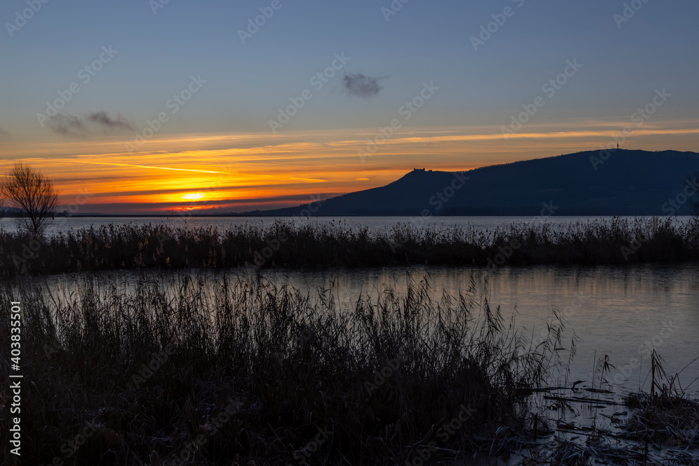 Nove Mlyny reservoir and Palava hills during sunrise in winter, Southern Moravia, Czech Republic