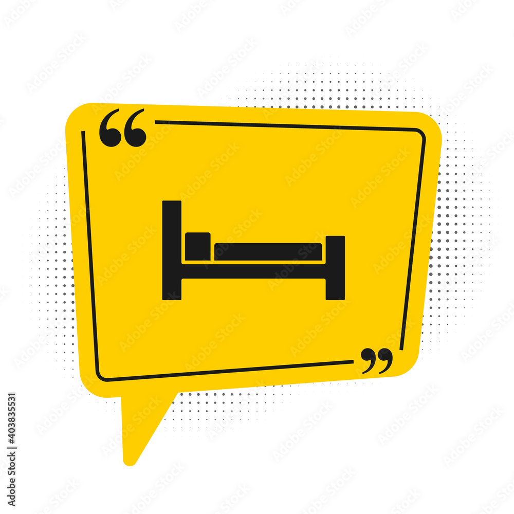 Black Bed icon isolated on white background. Yellow speech bubble symbol. Vector. Black Bed icon isolated on white background. Yellow speech bubble symbol. Vector.