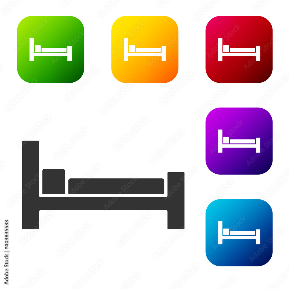 Black Bed icon isolated on white background. Set icons in color square buttons. Vector. Black Bed icon isolated on white background. Set icons in color square buttons. Vector.