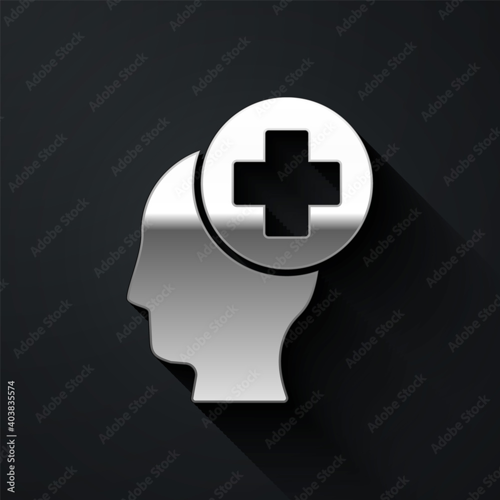 Silver Male head with hospital icon isolated on black background. Head with mental health, healthcare and medical sign. Long shadow style. Vector. Silver Male head with hospital icon isolated on black background. Head with mental health, healthcare and medical sign. Long shadow style. Vector.