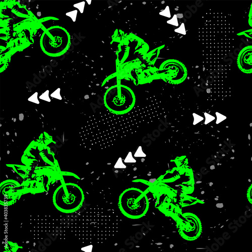 Abstract sport seamless pattern. Green motocross,  arrows and grunge texture.
