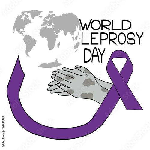 World Leprosy Day, Silhouette of a hand with a skin lesion, against the background of a silhouette of the world map, a purple ribbon and a thematic inscription