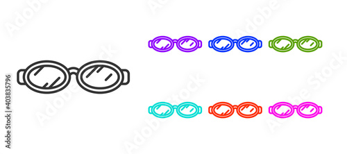 Black line Glasses for swimming icon isolated on white background. Goggles sign. Diving underwater equipment. Set icons colorful. Vector Illustration.