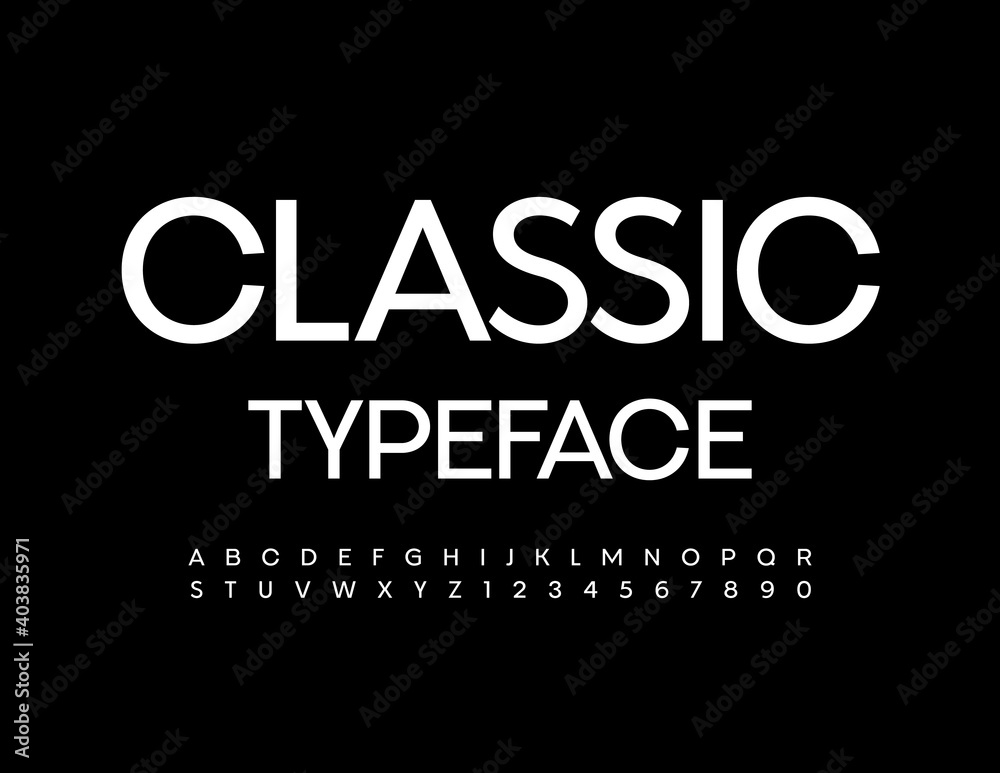 Vector Classic Typeface. White modern Alphabet Letters and Numbers. Simple Uppercase Font