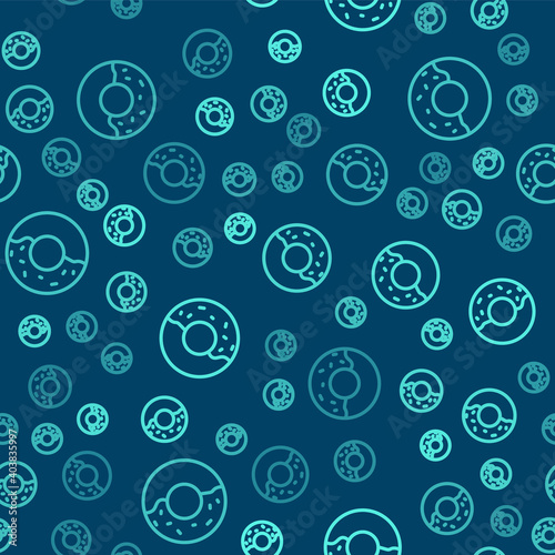Green line Donut with sweet glaze icon isolated seamless pattern on blue background. Vector Illustration.