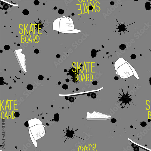 Seamless urban pattern for boys. Skateboard, cap, and sports shoes
