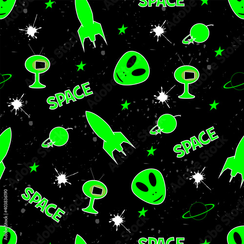 Seamless space pattern for textiles. Trendy background for boys with space elements. photo