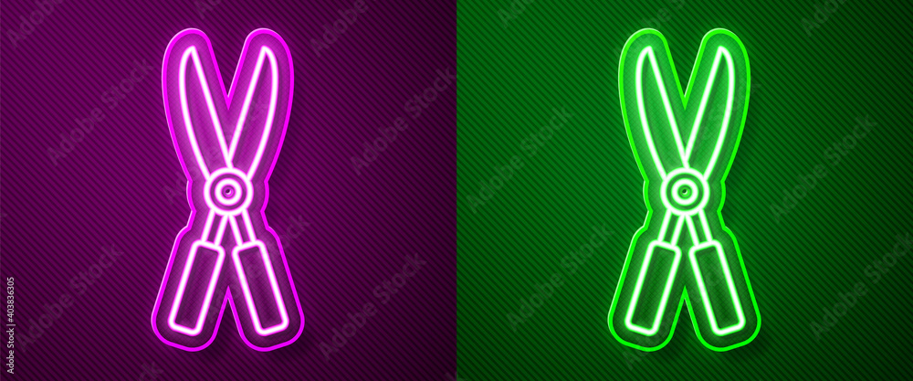 Glowing neon line Gardening handmade scissors for trimming icon isolated on purple and green background. Pruning shears with wooden handles. Vector Illustration.