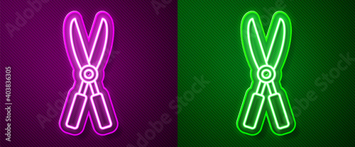 Glowing neon line Gardening handmade scissors for trimming icon isolated on purple and green background. Pruning shears with wooden handles. Vector Illustration.