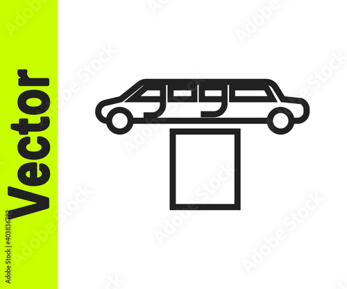 Black line Luxury limousine car and carpet icon isolated on white background. For world premiere celebrities and guests poster. Vector Illustration.