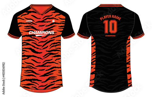 Tiger Print Sports t-shirt jersey design concept vector template, sports jersey concept with front and back view for Soccer, Cricket, Football, Volleyball, Rugby, tennis, badminton, Animal Pattern