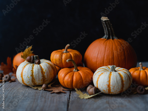 Still life of orange and white pumpkins on rustic wooden table. photo