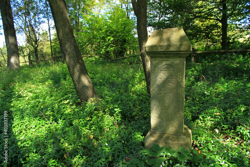 Obraz na plátně Old stone grave in cemetery of Jasiel - former and abandoned village in Low Besk