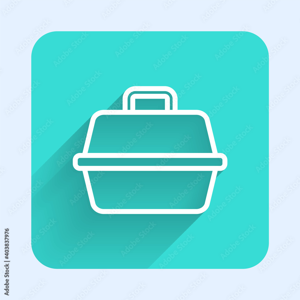 White line Pet carry case icon isolated with long shadow. Carrier for animals, dog and cat. Container for animals. Animal transport box. Green square button. Vector. White line Pet carry case icon isolated with long shadow. Carrier for animals, dog and cat. Container for animals. Animal transport box. Green square button. Vector.