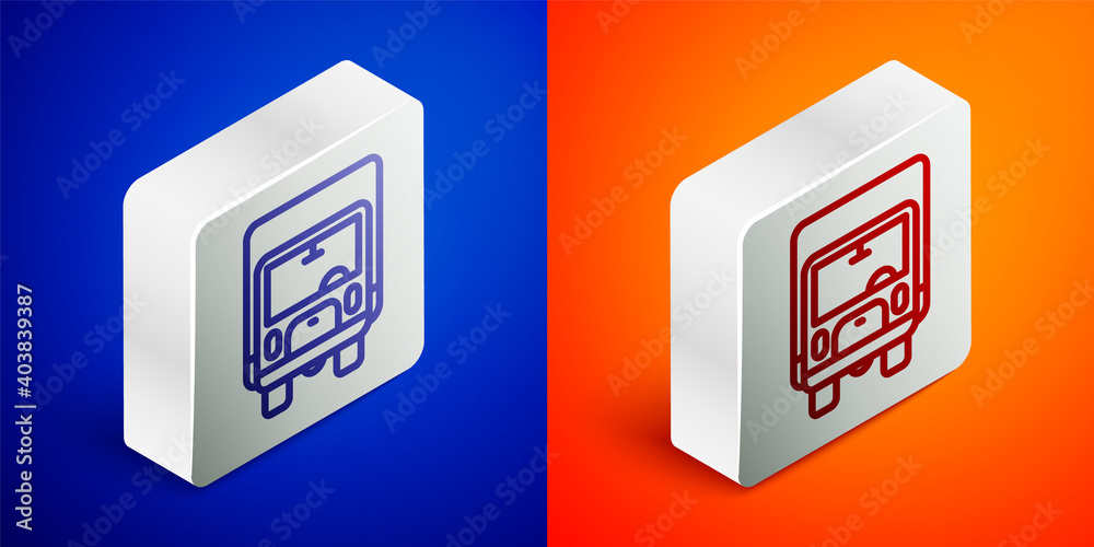 Isometric line Delivery cargo truck vehicle icon isolated on blue and orange background. Silver square button. Vector. Isometric line Delivery cargo truck vehicle icon isolated on blue and orange background. Silver square button. Vector.