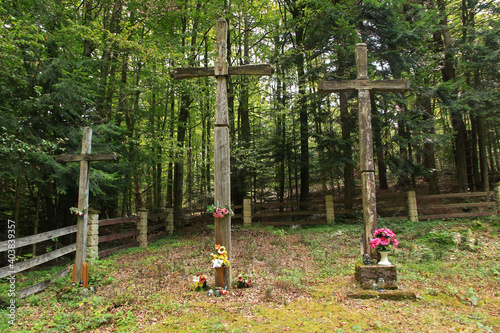 Fototapeta Naklejka Na Ścianę i Meble -  Wooden orthodox cross  in Jawornik former and abandoned village in Low Beskids, Poland