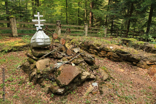 Fototapeta Naklejka Na Ścianę i Meble -  Ruins of the orthodox  church in Jawornik former and abandoned village in Low Beskids, Poland