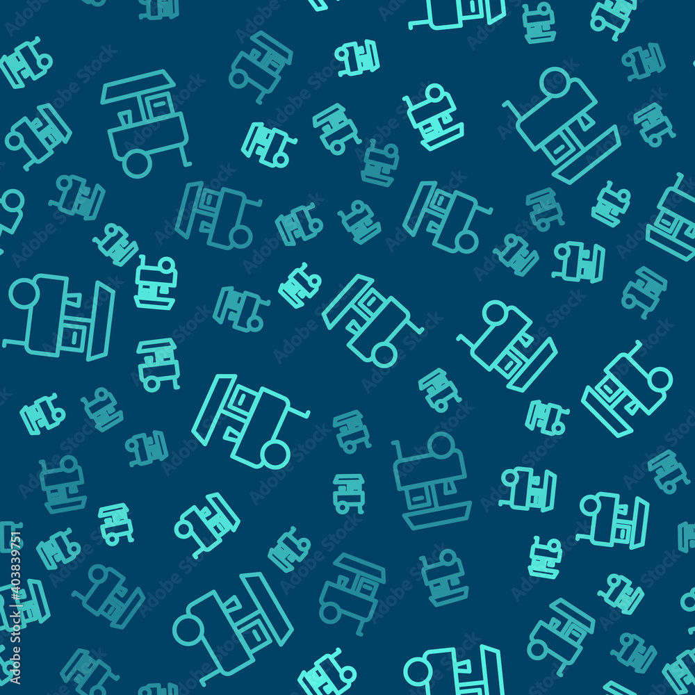 Green line Fast street food cart icon isolated seamless pattern on blue background. Urban kiosk. Vector. Green line Fast street food cart icon isolated seamless pattern on blue background. Urban kiosk. Vector.