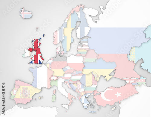 3D Europakarte auf das Vereinigte K  nigreich hervorgehoben wird und die restlichen Flaggen transparent sind