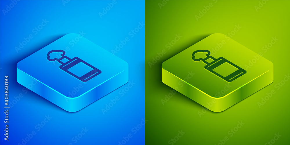 Isometric line Hand grenade icon isolated on blue and green background. Bomb explosion. Square button. Vector. Isometric line Hand grenade icon isolated on blue and green background. Bomb explosion. Square button. Vector.