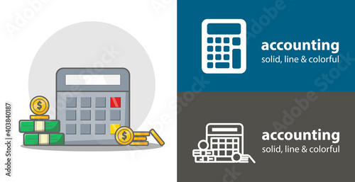Calculator with money. accounting isolated vector flat icon. business money line solid design element