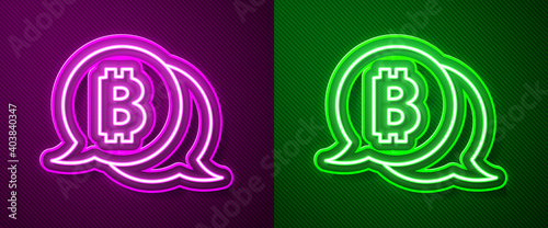 Glowing neon line Cryptocurrency coin Bitcoin icon isolated on purple and green background. Physical bit coin. Blockchain based secure crypto currency. Vector.